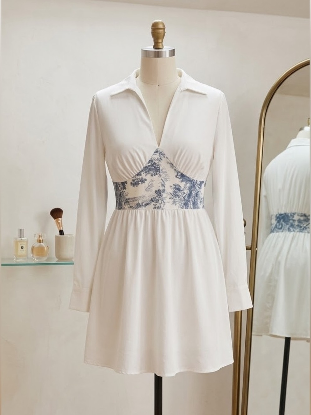 Cider White Long-Sleeve Dress with Blue Toile Waist Panel